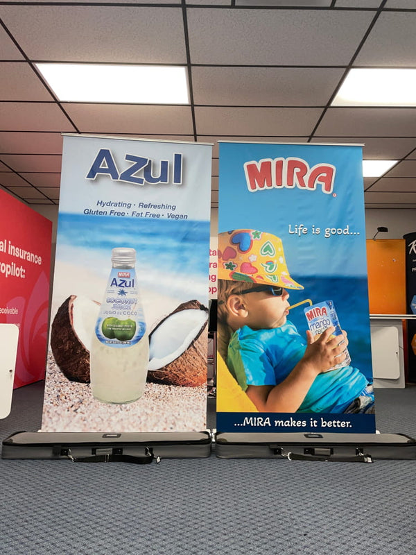 Blue and white Azul coconut water bottle on premium 48 inch retractable banner stand