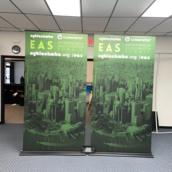 Premium 48 Inch Retractable Banner Stand with Green Black Cityscape Design