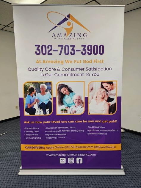 Premium 60 Inch White Purple Retractable Banner for Home Care Agency