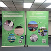 Premium 60 Inch Retractable Banner Stand with green design, circular reinforced geomembrane images, and company logos