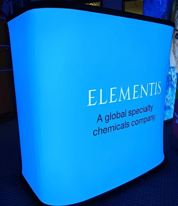 Rectangle Backlit Inflatable Counter with glowing blue display and Elementis text