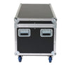 Black road shipping case with wheels, silver edges, 48x22 inches