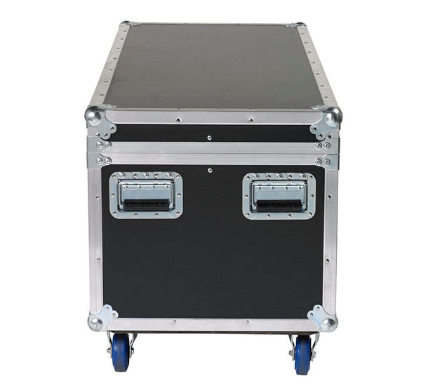 Black road shipping case with wheels, silver edges, 48x22 inches