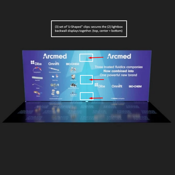 Blue arcmed lightbox with Diba, Omnifit, Bio-Chem logos and U-Clip fasteners