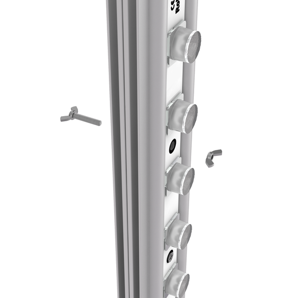 Silver metallic shower door frame with meshed wing nut fasteners