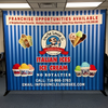 Blue and white striped Uncle Louie G Italian ices banner advertising franchises