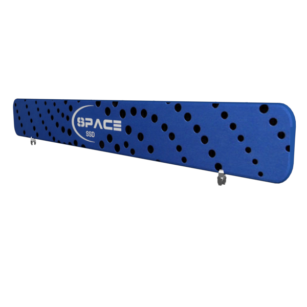Blue perforated plastic bar with Space SSD logo on Straight Tension Fabric Display Header