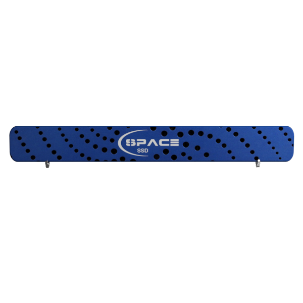 Blue perforated SSD drive with Espace branding on Straight Tension Fabric Display Header