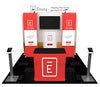 Red and white envoy trade show booth with black countertop