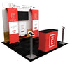 Red and white Envoy trade show booth with bold e logo on fabric panels