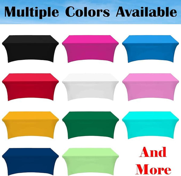 Vibrant stretch table covers in black, pink, blue, red, white, yellow, green
