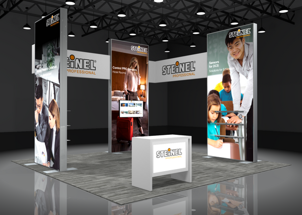 White rectangular Steinel display table in Sync 2-in-1 Backlit Hybrid Island Exhibit Kit B