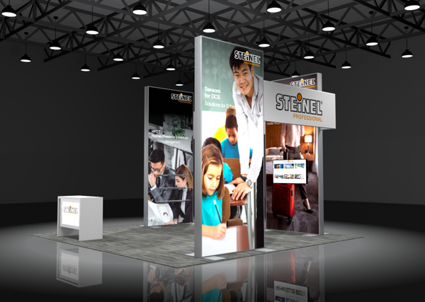 Stennel Sync 2-in-1 Backlit Hybrid Island Exhibit with branded panels