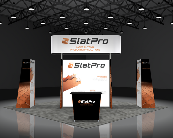Slatpro Sync 2-in-1 Backlit Hybrid Island Exhibit Kit booth with black orange branding