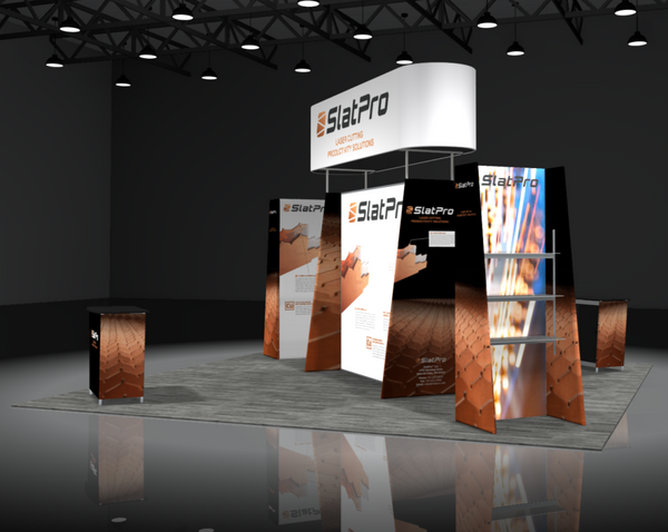 Slatpro Sync 2-in-1 Backlit Hybrid Island Exhibit with white copper panels
