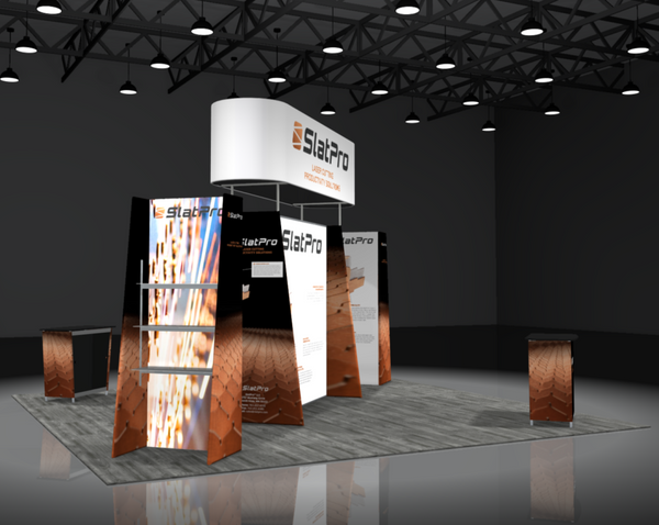 White and black Slatpro Sync 2-in-1 backlit hybrid island exhibit kit with orange accents