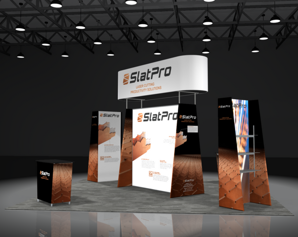 White curved banner with black Slatpro logo and orange geometric elements in Sync 2-in-1 Backlit Hybrid Island Exhibit Kit E