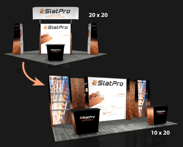 Slatpro Sync 2-in-1 Backlit Hybrid Island Exhibit with black countertop and white logo backdrop