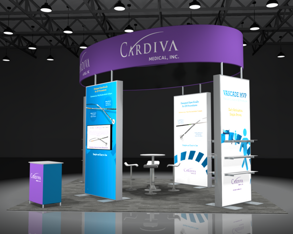 Purple curved overhead banner for Cardiva Medical Inc Sync 2-in-1 exhibit kit