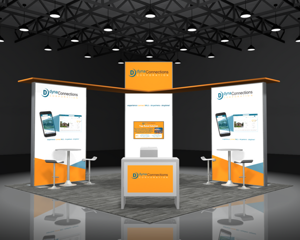 Orange and white DynaConnections Sync 2-in-1 backlit hybrid island exhibit booth