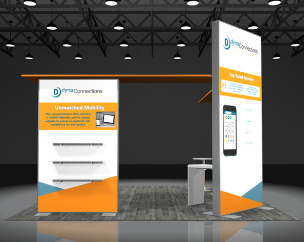 White and orange Sync 2-in-1 Backlit Hybrid Island Exhibit Kit G booth with dynaconnections logo