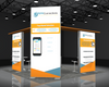 White and orange Sync 2-in-1 backlit hybrid island exhibit booth with Dynaconnections logo