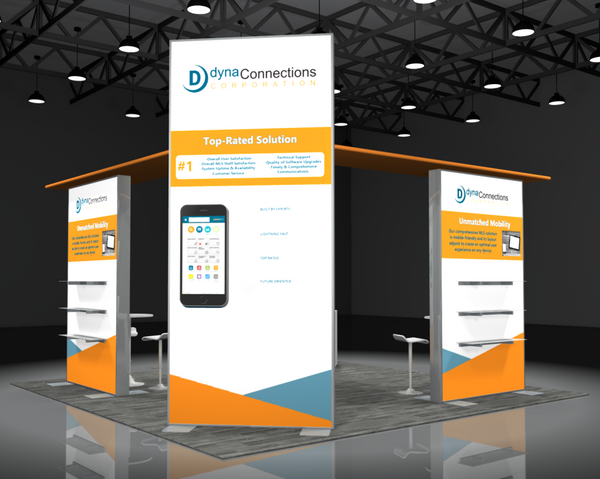 White and orange Sync 2-in-1 backlit hybrid island exhibit booth with Dynaconnections logo