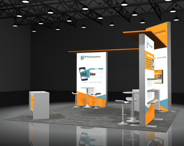 Orange and white Sync 2-in-1 Backlit Hybrid Island Exhibit Kit booth