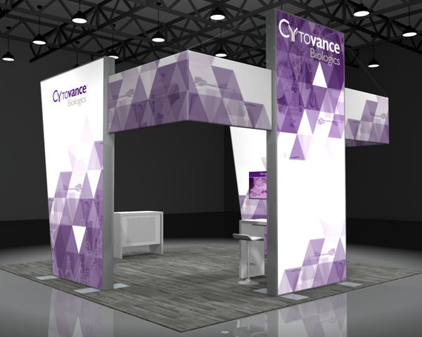 Purple and white geometric Sync 2-in-1 backlit hybrid island booth for Cytovance Biologics