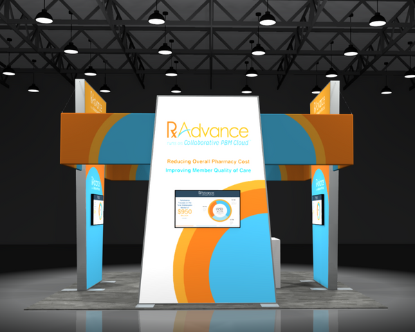 Modern Sync 2-in-1 Backlit Hybrid Island Exhibit with radvance logo