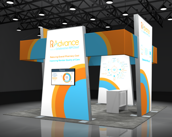 Modern Sync 2-in-1 backlit hybrid island exhibit with radvance branding