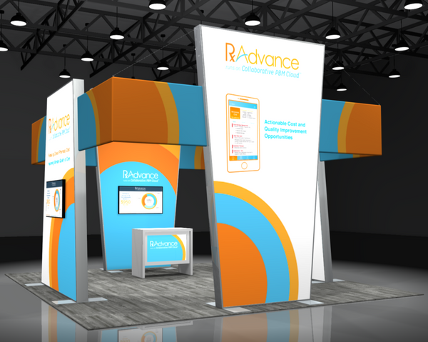 Radvance Sync 2-in-1 Backlit Hybrid Island Exhibit with orange blue curved panels