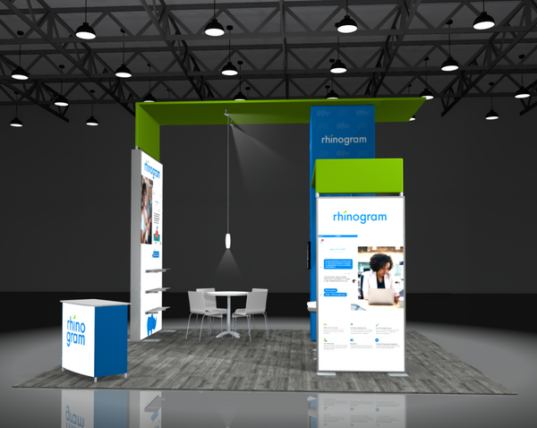 Modern Sync 2-in-1 Backlit Hybrid Island Exhibit with blue-green rhinogram booth