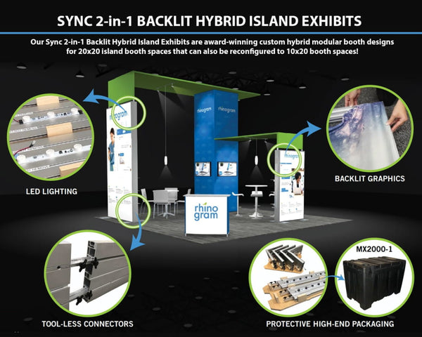 Sync 2-in-1 Backlit Hybrid Island Exhibit Kit K with blue and green modular booth