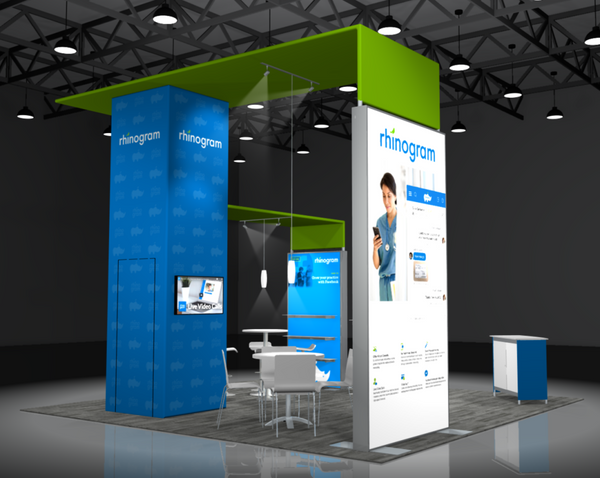 Woman using phone at blue green rhinogram Sync 2-in-1 Backlit Hybrid booth