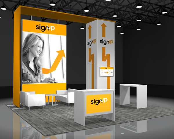 Sync 2-in-1 Backlit Hybrid Island Exhibit Kit L with yellow white booth and smiling woman