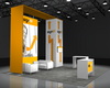 Bright yellow Sync 2-in-1 backlit hybrid booth with orange arrows and sign up logo