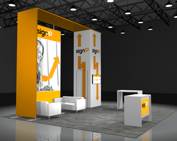 Bright yellow Sync 2-in-1 backlit hybrid booth with orange arrows and sign up logo