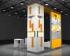 Sync 2-in-1 Backlit Hybrid Island Exhibit Kit L with white orange signup booth arrows displays