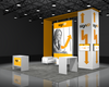White and orange Signp trade show booth with vertical arrows on pillars in Sync 2-in-1 Backlit Hybrid Island Exhibit Kit L