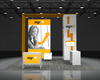 Sync 2-in-1 Backlit Hybrid Island Exhibit Kit L booth with bold orange-white design