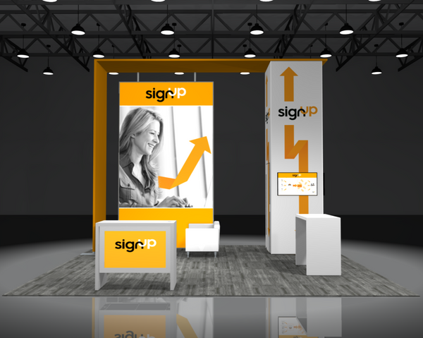 Sync 2-in-1 Backlit Hybrid Island Exhibit Kit L booth with bold orange-white design