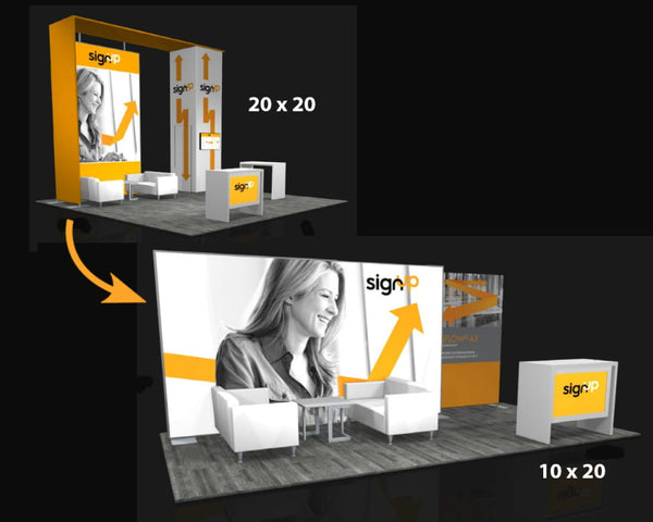 Yellow and white Sync 2-in-1 Backlit Hybrid Island Exhibit with seating