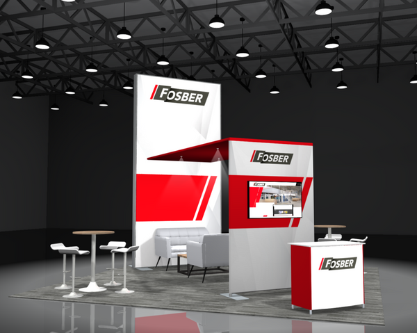 Red and white Fosber Sync 2-in-1 Backlit Hybrid Island Exhibit booth with digital screen