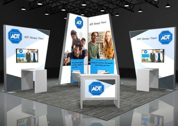 White and blue ADT Sync 2-in-1 backlit hybrid island exhibit booth