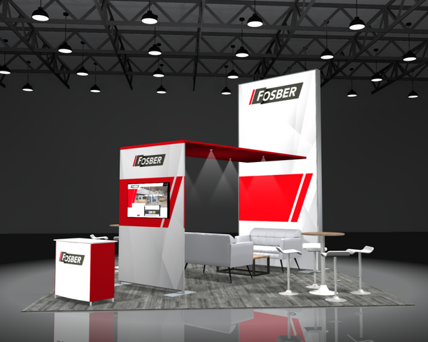 Red and white Fosber Sync 2-in-1 backlit hybrid island exhibit booth