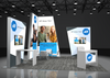 Modern white and gray Sync 2-in-1 Backlit Hybrid Island Exhibit Kit booth with blue ADT branding