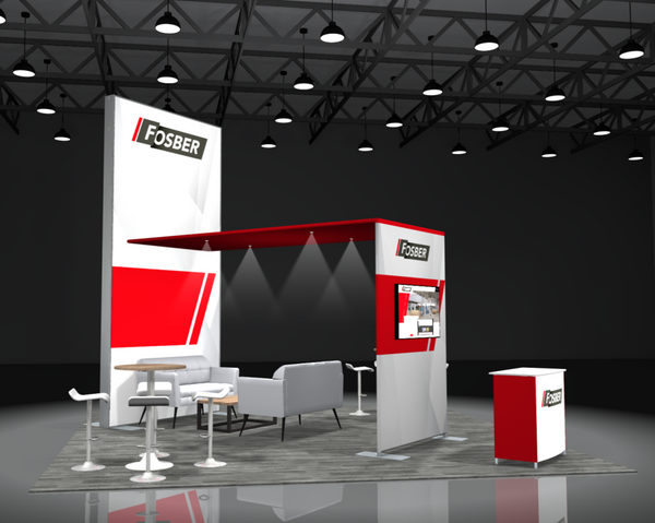 Red and white Fosber Sync 2-in-1 backlit hybrid island exhibit booth