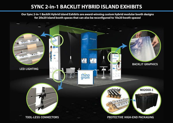 Blue green modular Sync 2-in-1 backlit hybrid island exhibit kit with LED lighting