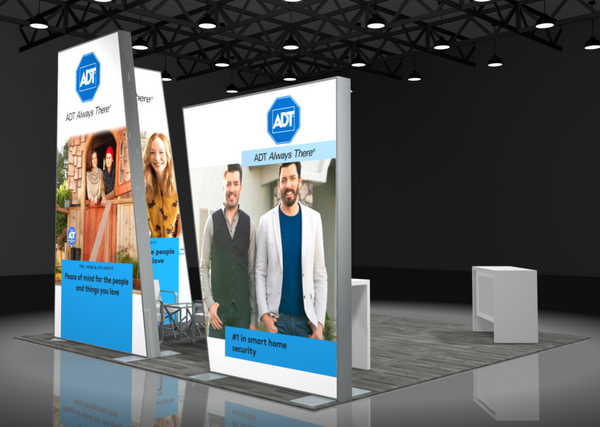 ADT Sync 2-in-1 Backlit Hybrid Island Exhibit with blue and white security graphics